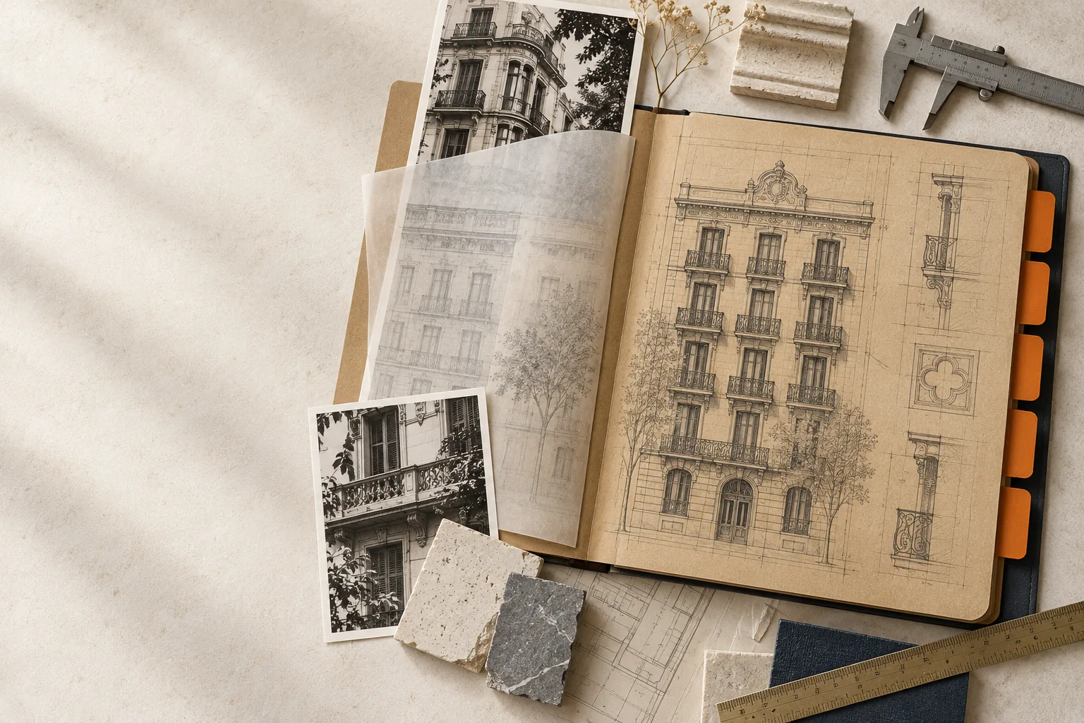 Expediente conceptual con planos arquitectónicos y fotografías
