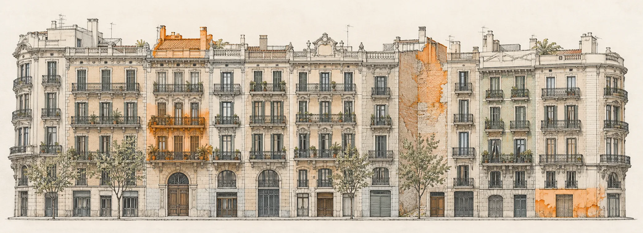 Elevación conceptual con zonas relacionadas de observación en una fachada de Barcelona