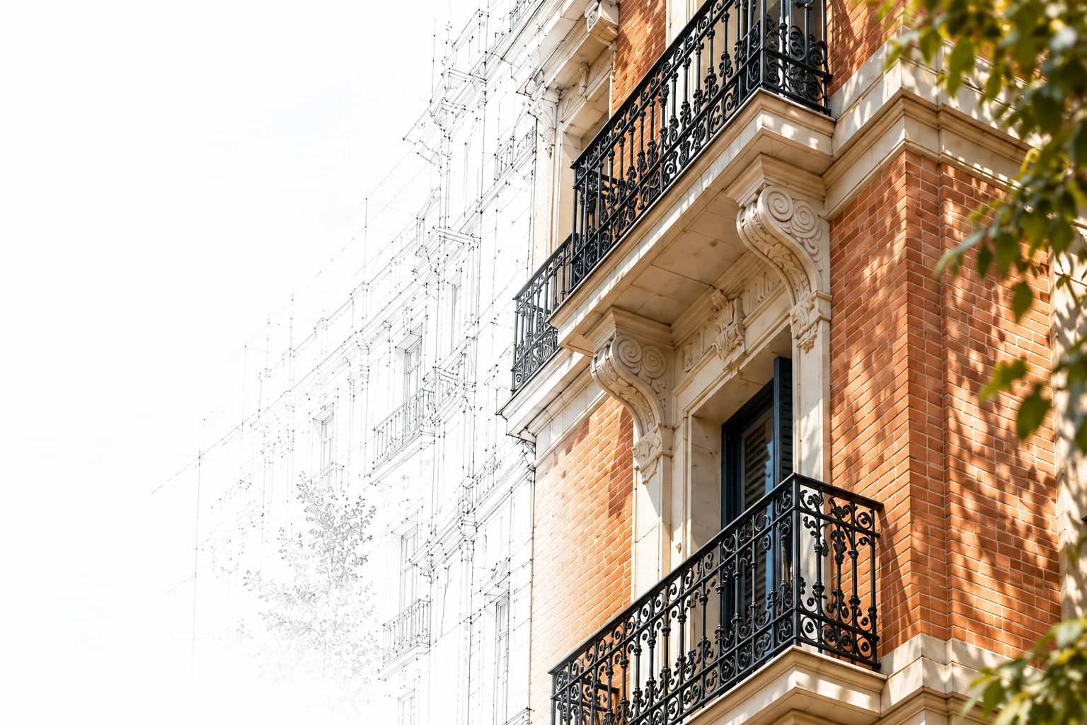 Detalle conceptual de fachada residencial y documentación técnica