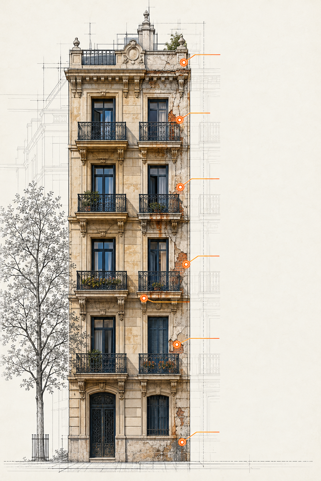 Edificio analizado por plantas durante una inspección técnica