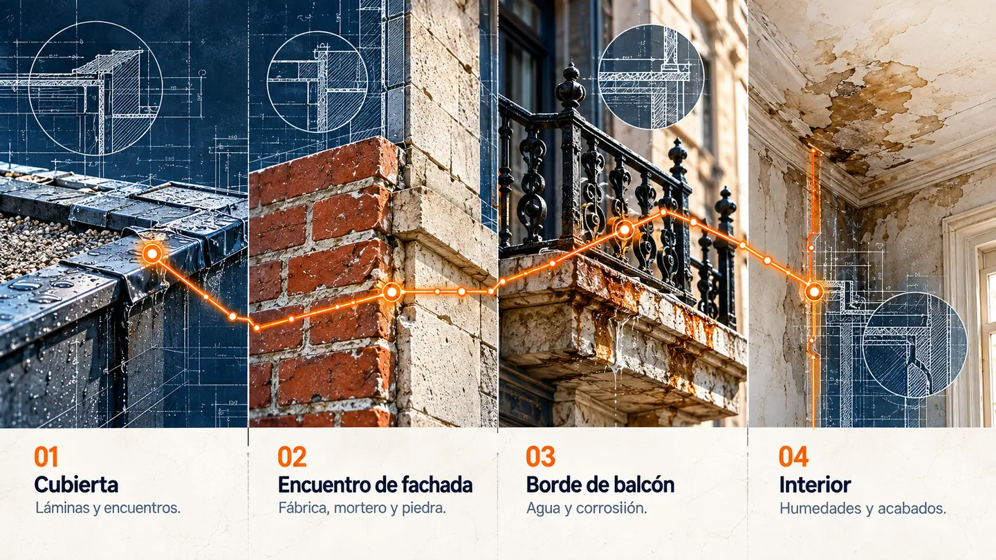 Recorrido de evidencia por cubierta, encuentro de fachada, balcón e interior